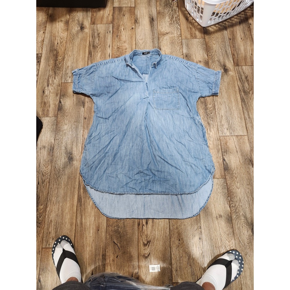 eShakti Womens 3X 24W Light Wash Denim Chambray High Low Tunic Top Short Sleeve